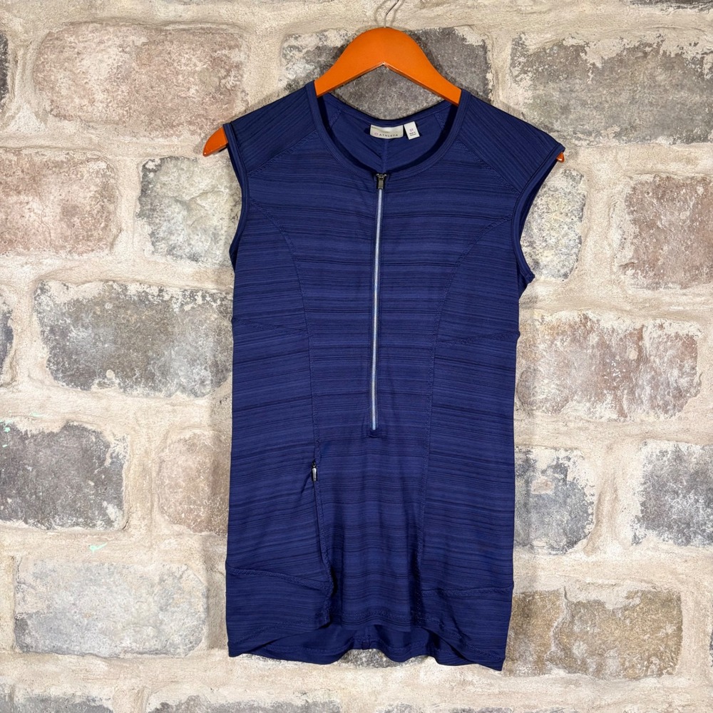 Athleta Blue Sleeveless Half Zip Ruched Back Tunic Top Women Small Tall Athletic